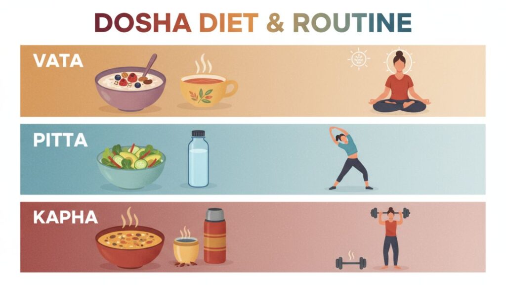 Dosha diet and daily routine visual guide in the image