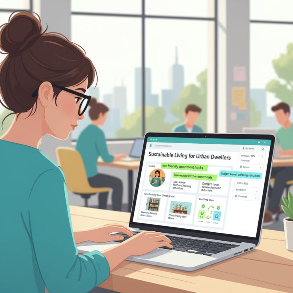 Blogger writing content around low competition long-tail keywords