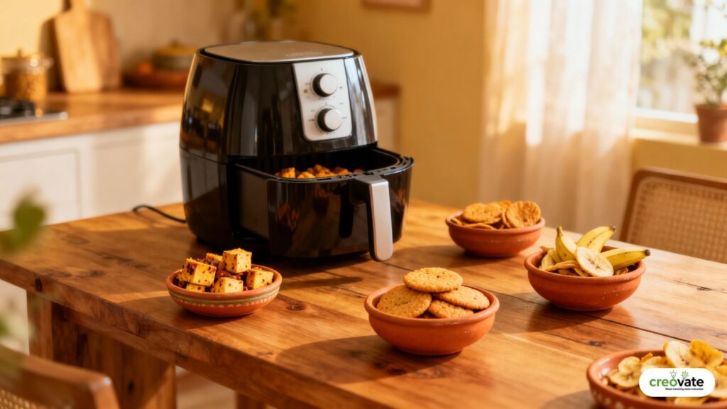Airfryer with Indian snacks like paneer tikka and chips on table