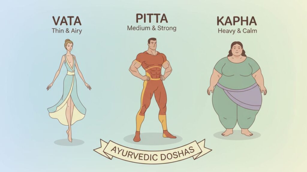 Illustration of Vata, Pitta, and Kapha body types in Ayurveda