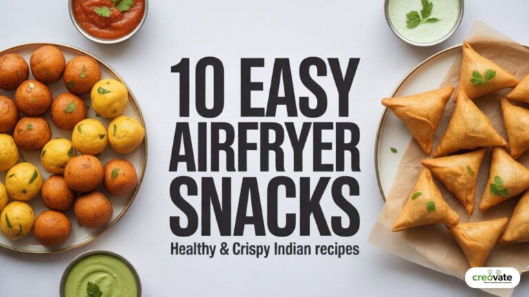 Assorted crispy Indian airfryer snacks on plate with chutneys