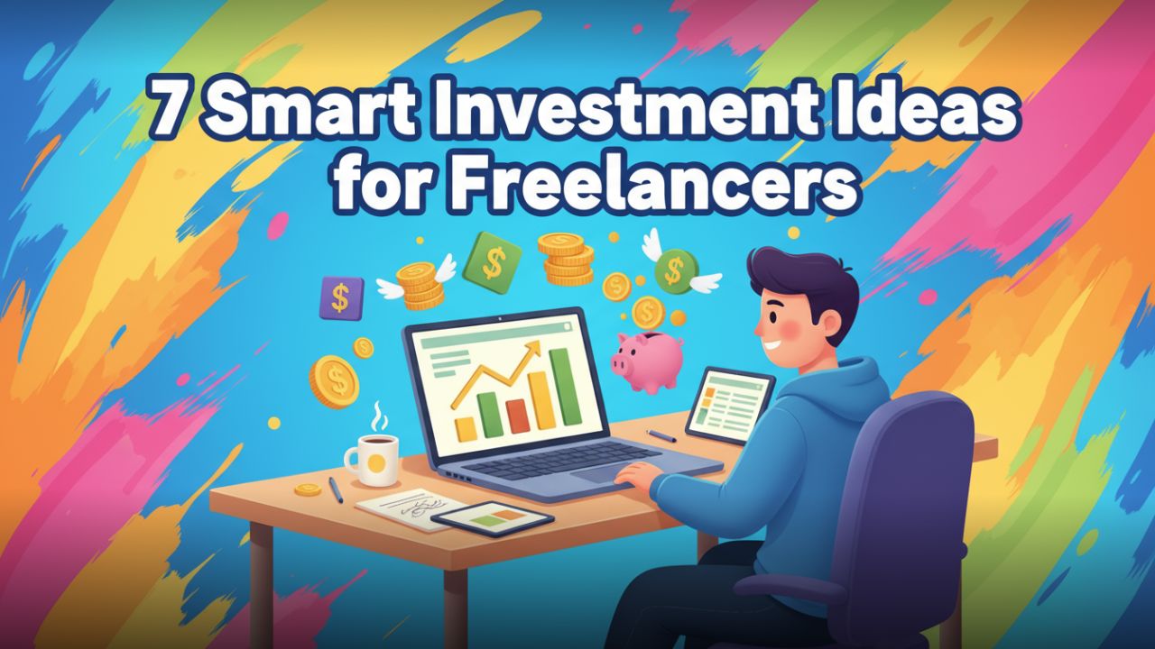 Freelancer working on laptop with money and investment icons, text overlay '7 Smart Investment Ideas for Freelancers in India'