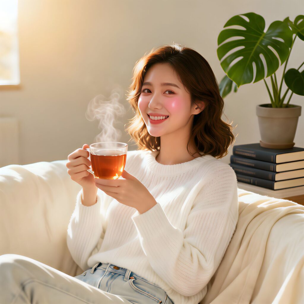 Woman with natural Korean skin glow at home