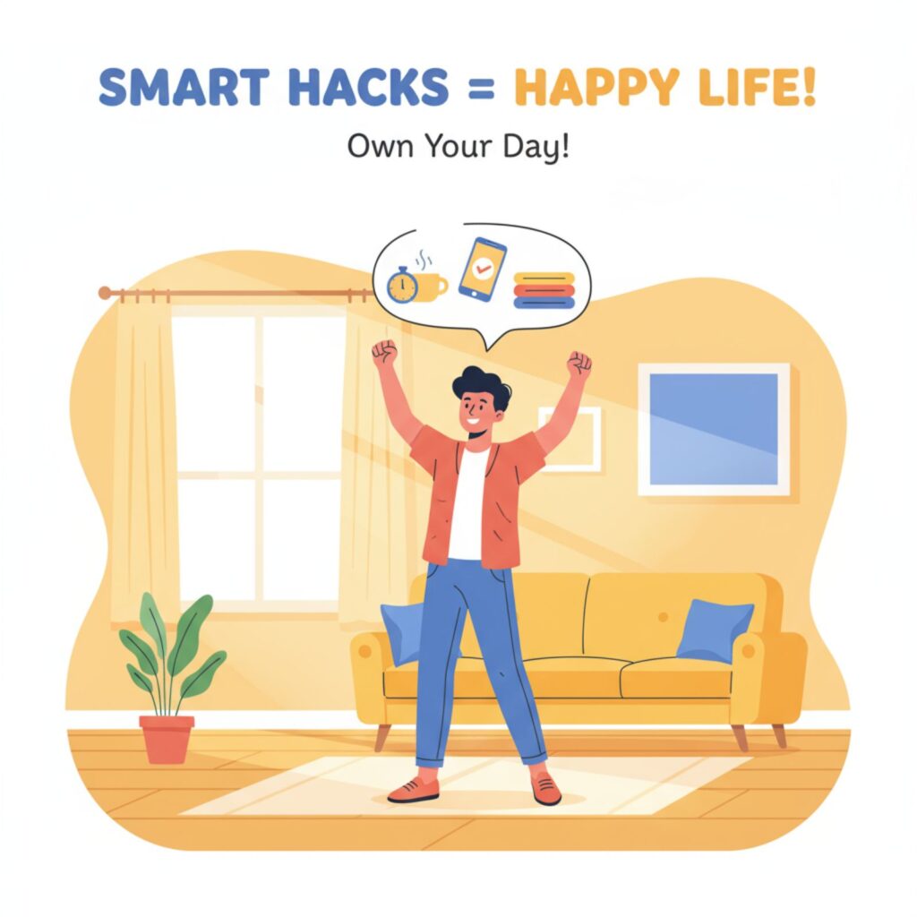 Person feeling happy after applying lifehacks