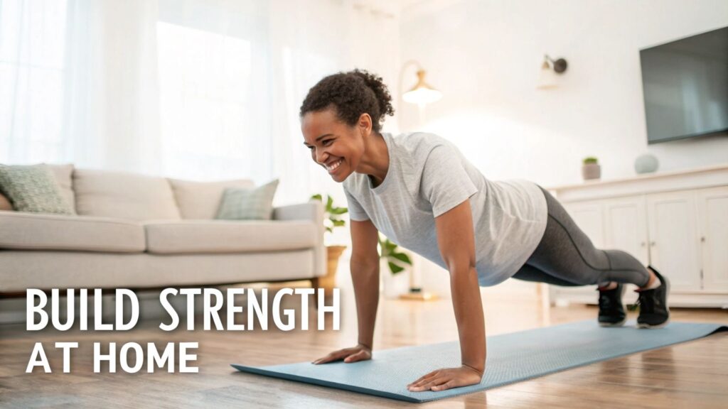 Happy person doing home strength training, showing progress and motivation