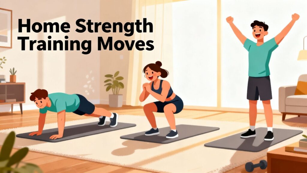 Beginner is performing home strength training exercises like push-ups and squats