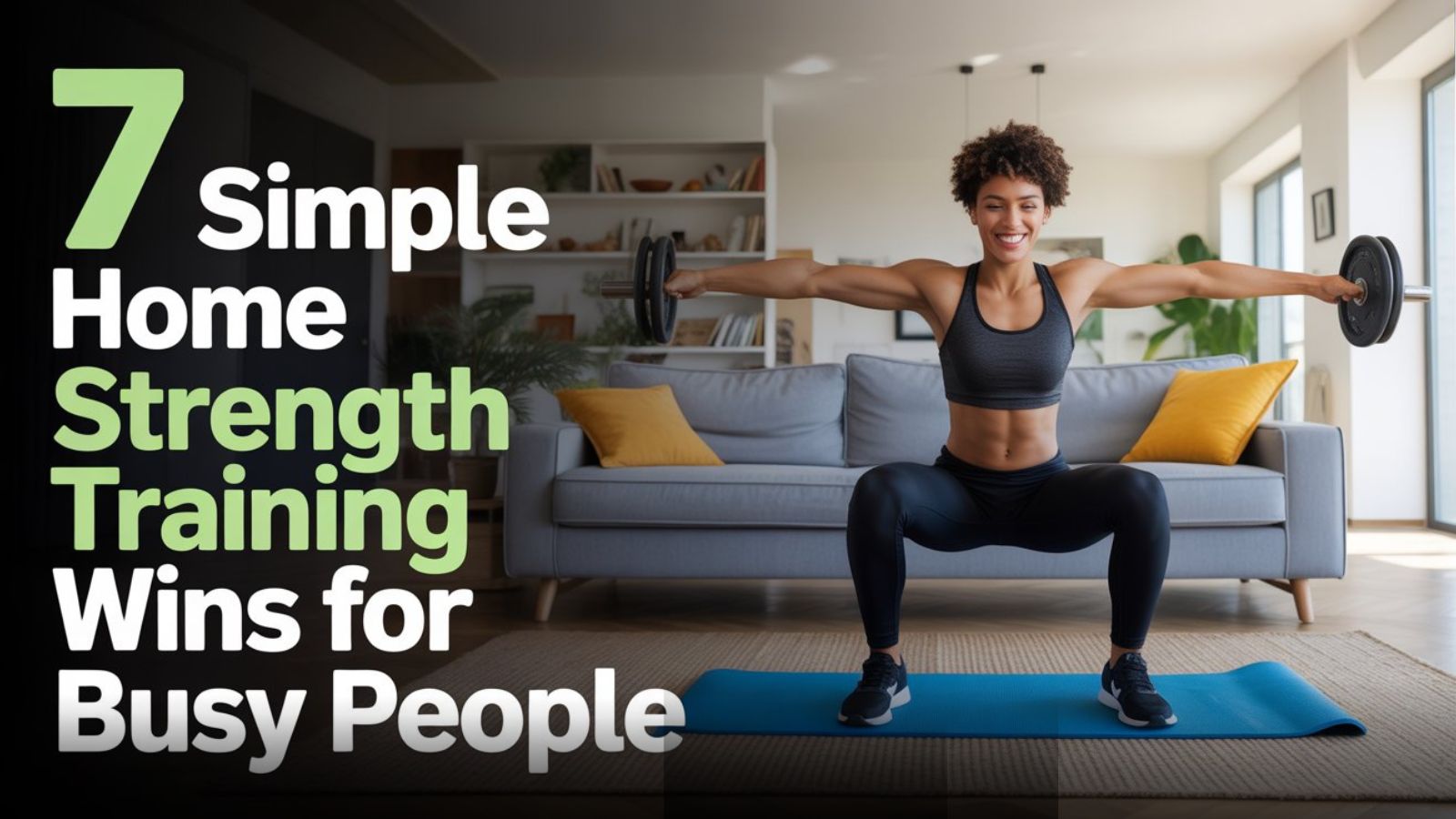 Busy person performing home strength training at home, thumbnail style