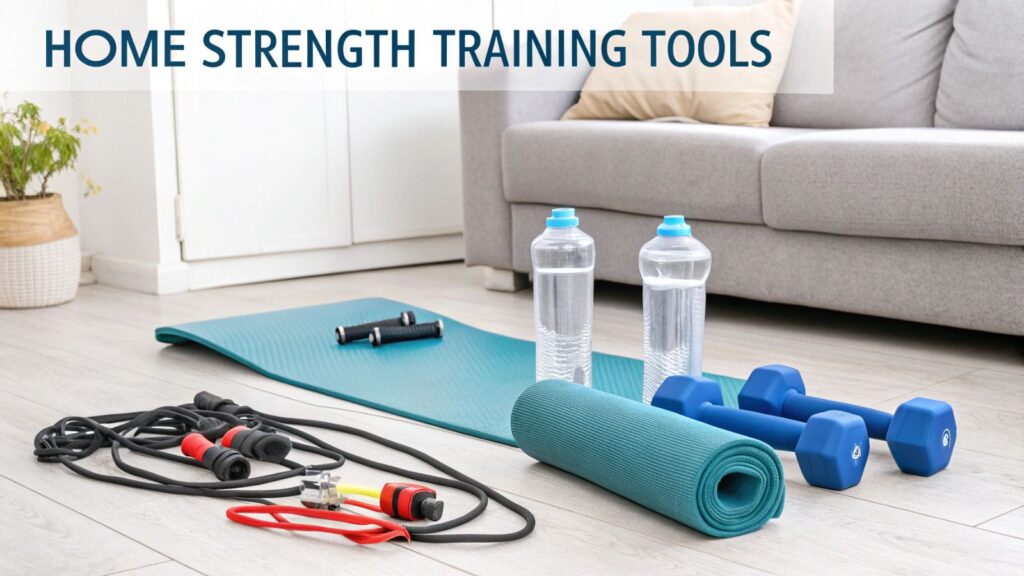Home strength training setup with resistance bands, dumbbells, and water bottles