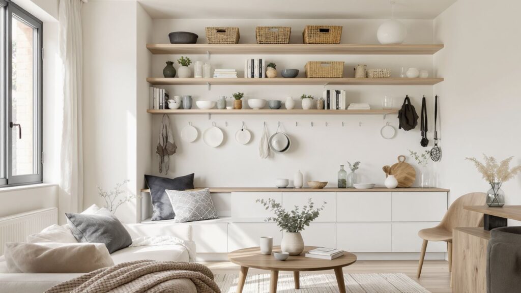 Vertical shelves in a small Indian flat for minimalist storage