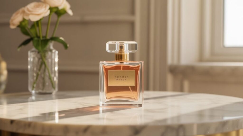 Luxury perfume bottle CGI ad render on marble table