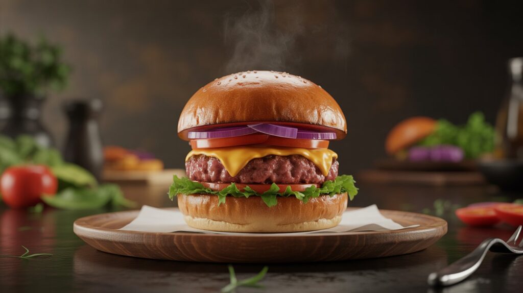 Ultra-realistic CGI gourmet burger with fresh ingredients and cinematic lighting