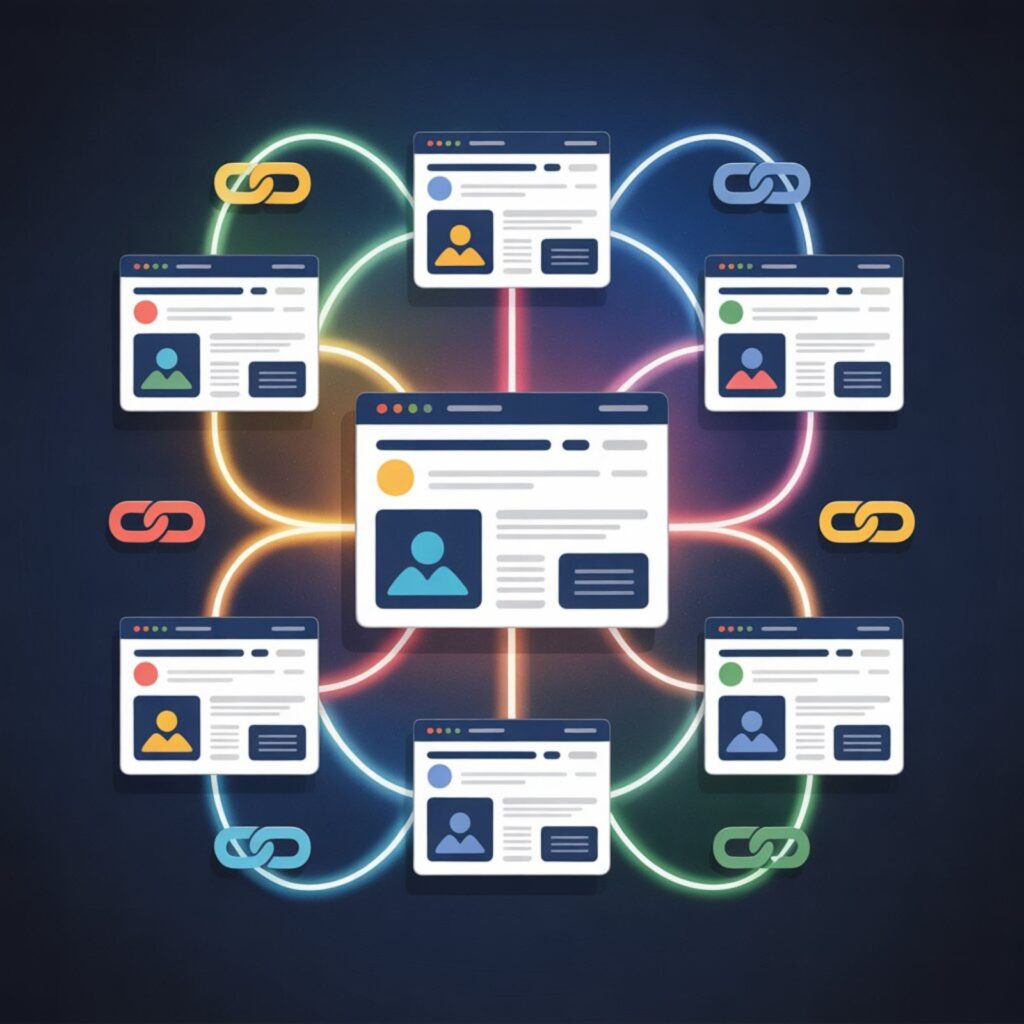 Network of websites connected with glowing link lines for backlinks