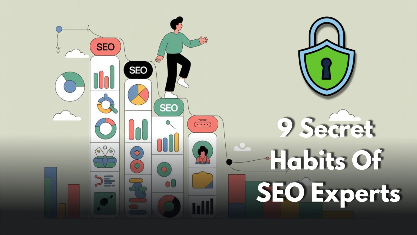 Illustration of a person climbing SEO ladder to success Title: SEO Expert Growth Illustration
