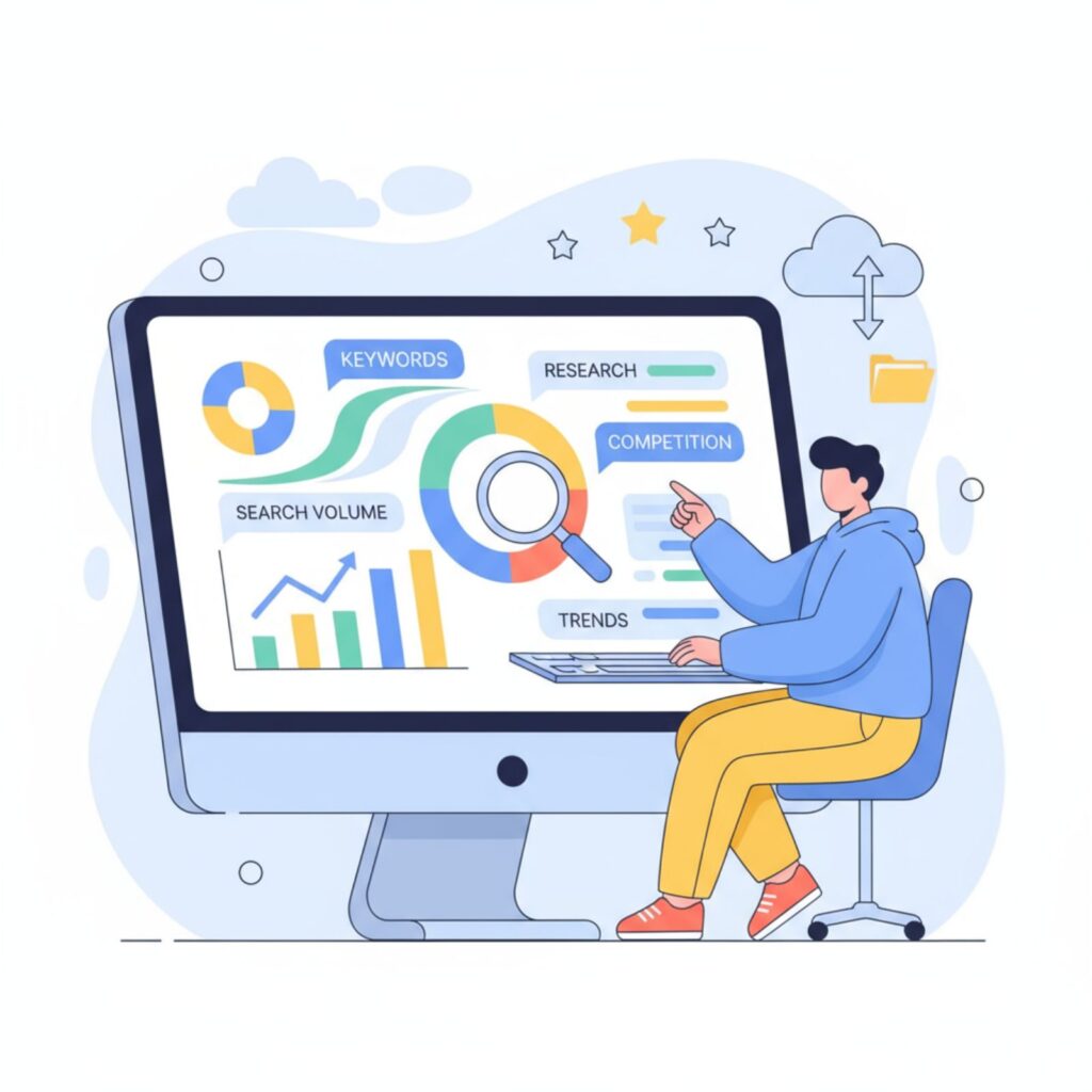 Person analyzing keywords on computer screen with charts