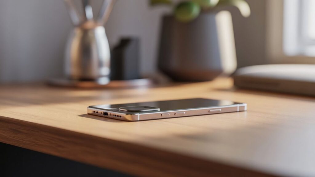 Modern smartphone on wooden desk CGI ad render