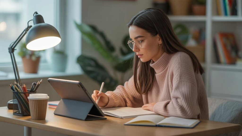Student studying from digital notes on tablet
