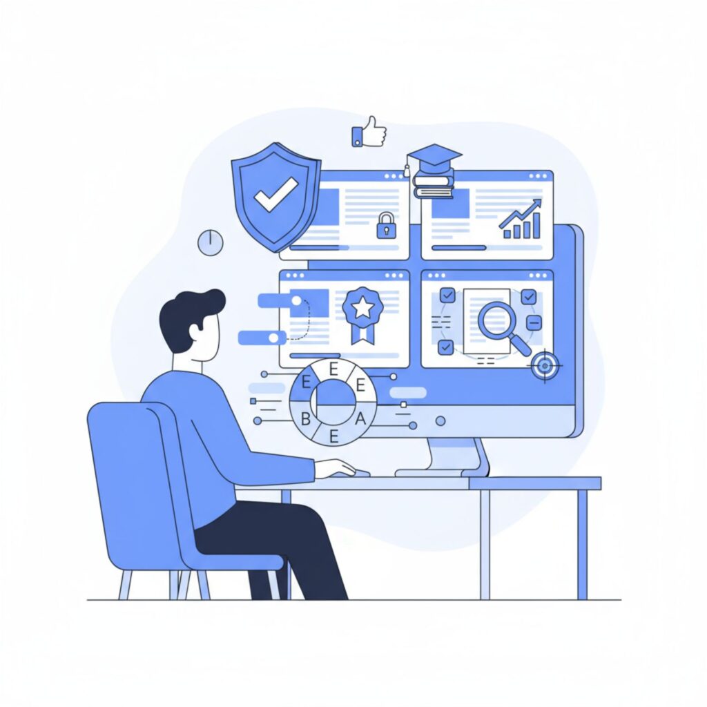 Google evaluator analyzing website for YMYL trust factors