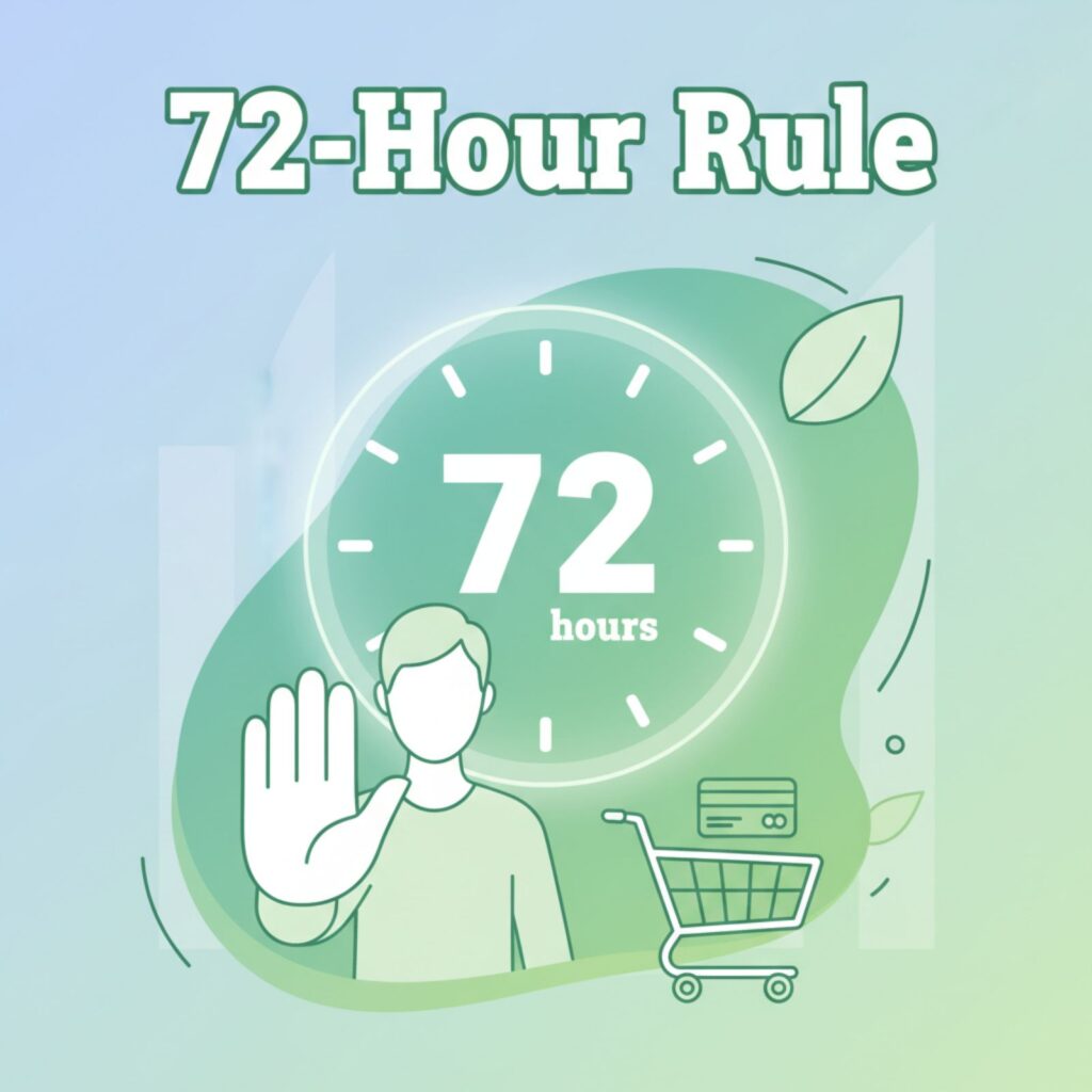 Sustainable finance 72-hour rule countdown with mindful spending theme