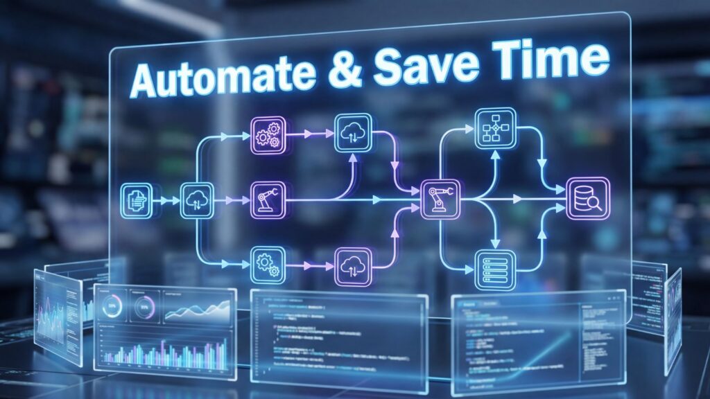 Automation workflow visual showing connected digital tools saving time