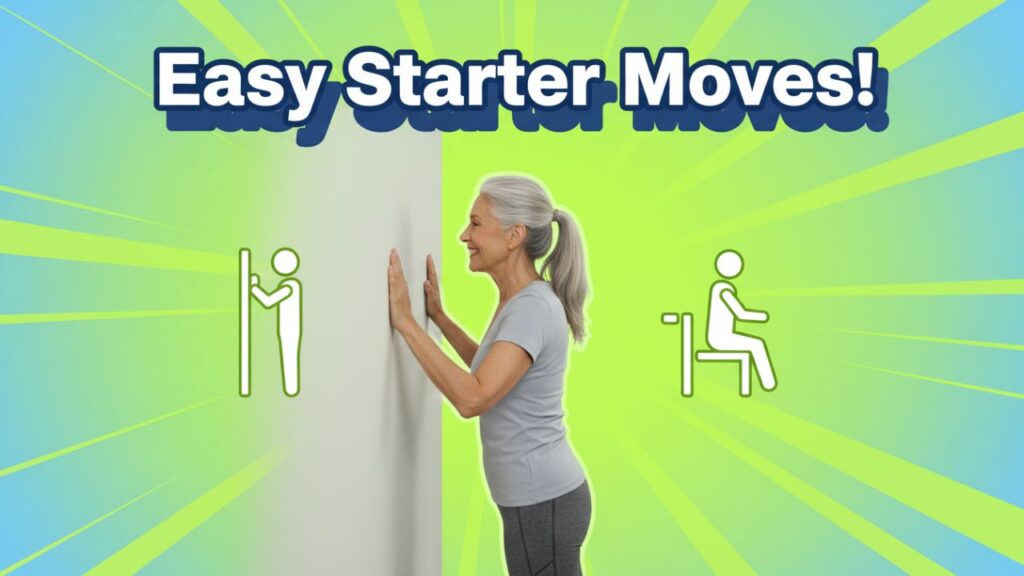 Senior performing wall push-ups and sit-to-stand exercises