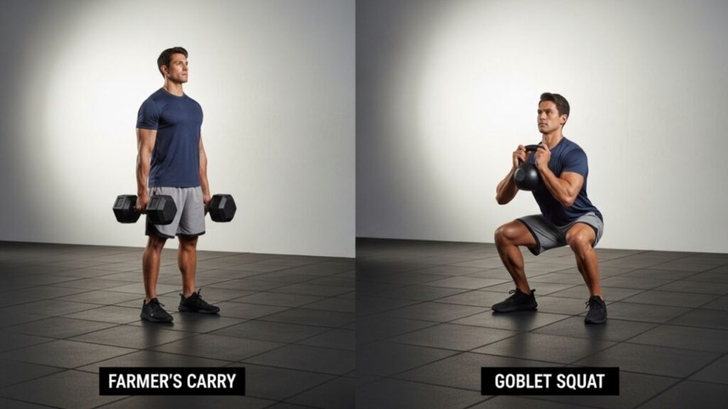 Functional Strength Training Farmer’s Carry and Goblet Squat