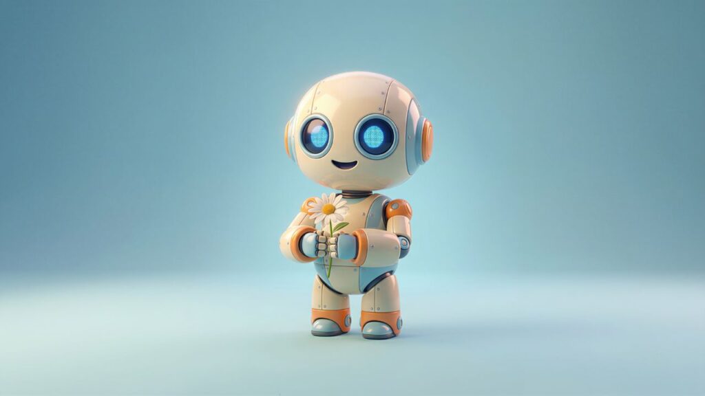 Cute tiny 3D robot holding a flower