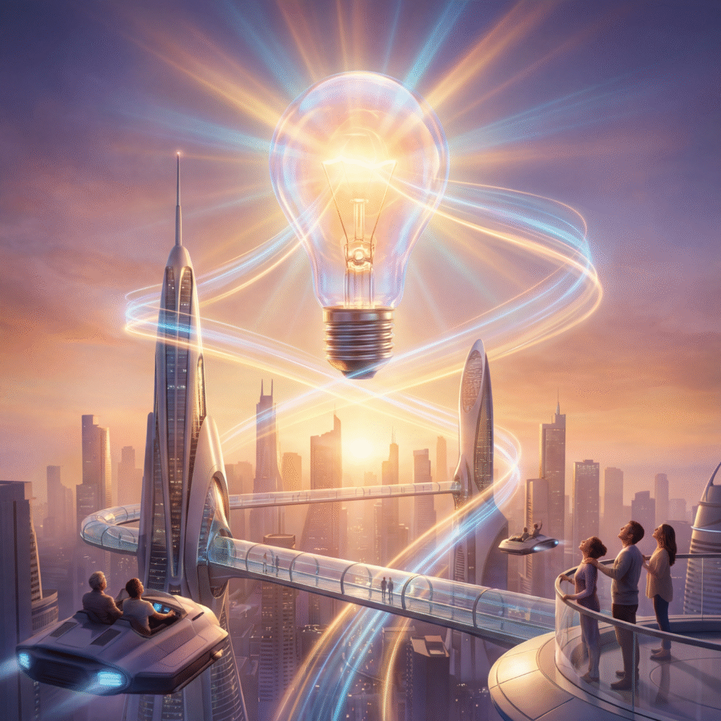Floating glowing light bulb over futuristic city