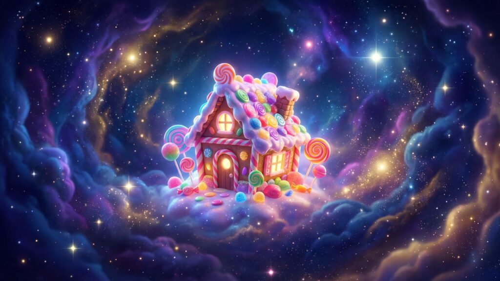 Surreal candy house floating in galaxy stars