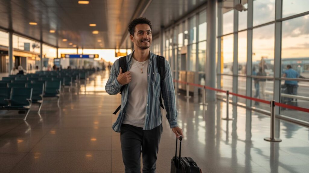 Solo traveller walking through airport with backpack