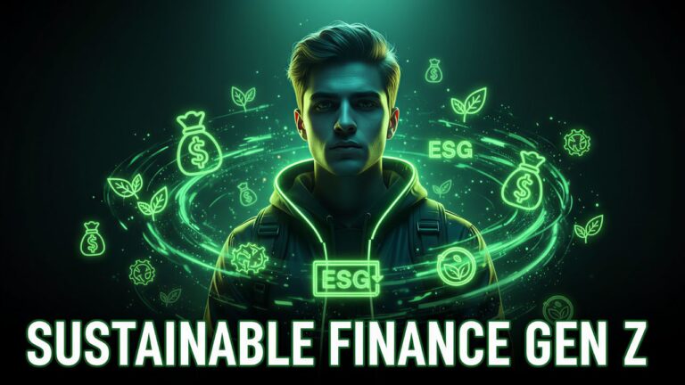 sustainable finance Gen Z thumbnail with green glowing money icons