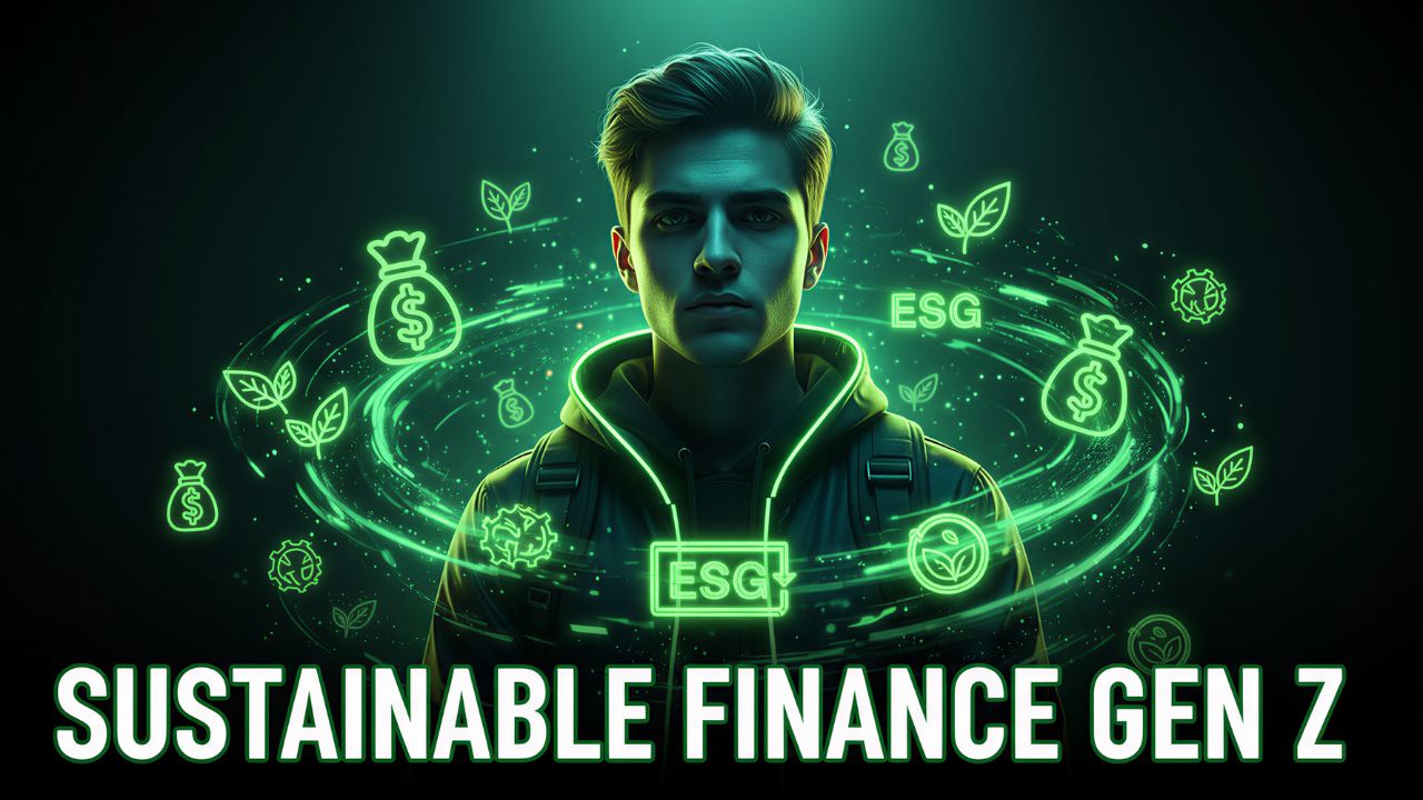 sustainable finance Gen Z thumbnail with green glowing money icons