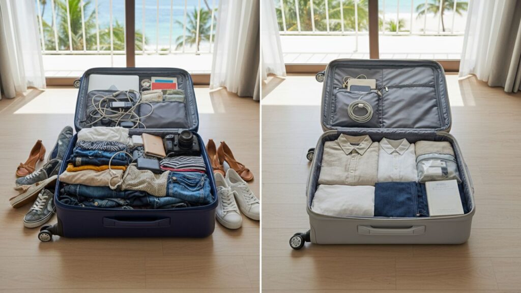 Overpacked suitcase vs minimalist travel bag comparison